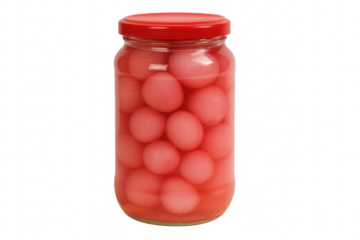 Glass jar filled with pickled onions on transparent background
