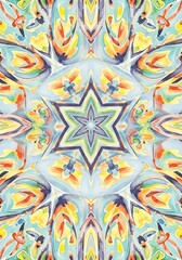 Kaleidoscopic watercolor design featuring a star-shaped center and vibrant, abstract patterns artistic illustration