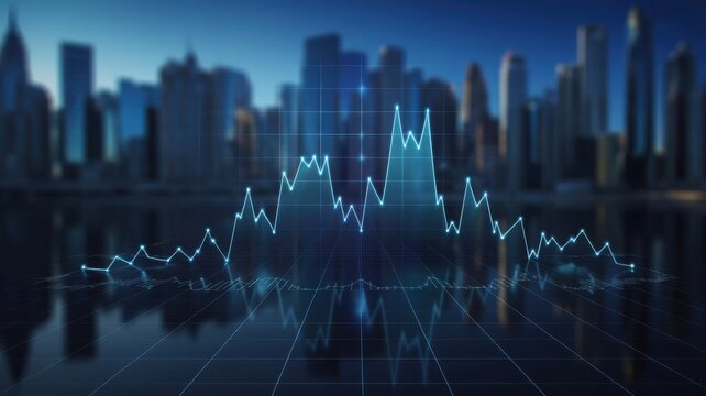 Futuristic city skyline with glowing digital financial stock market data charts and network connections