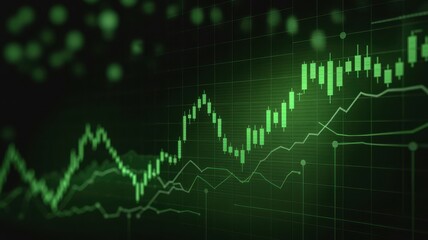 Naklejka premium Green stock market candlestick chart showing upward trend and financial growth on a dark background