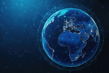 Glowing digital earth globe with interconnected data points and network connections on a dark blue background
