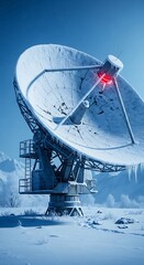 Gigantic radio antenna covered in ice and snow stands against a clear blue sky against a cold climate background