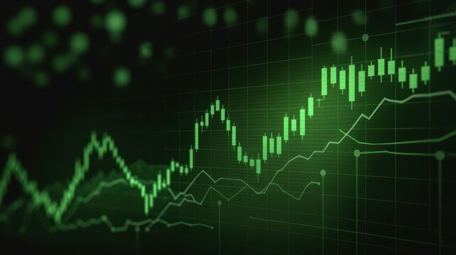 Green stock market candlestick chart showing upward trend and financial growth on a dark background