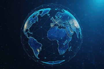 Fototapeta premium Digital glowing planet earth with interconnected lines and bright lights in a dark blue abstract background