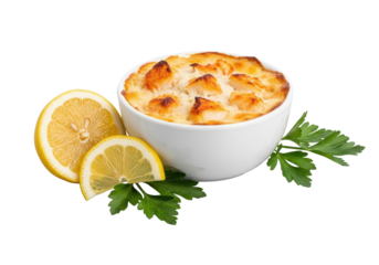 Golden-brown crab dip with creamy texture and flaky crab meat in white bowl, with vibrant lemon wedge and fresh parsley, isolated on transparent, high-key studio lighting. Commercial food concept
