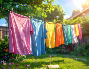Laundry drying on clothesline in garden