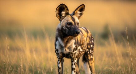 Striking African Wild Dog in Golden Grassland