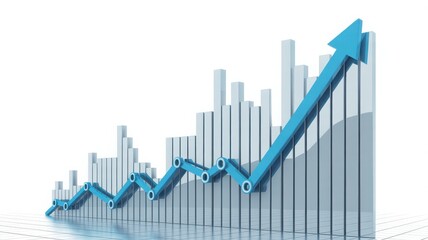 Blue arrow graph showing upward trend and growth over a background of financial bar charts