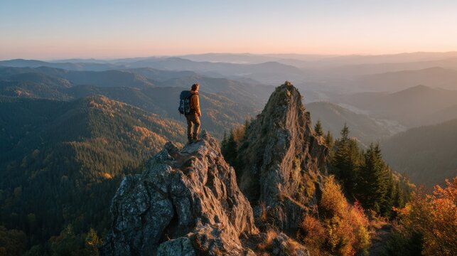 A hiker in warm clothing stands on a rocky outcrop while looking out over a vast mountain range. The scene captures the beauty of autumn foliage under a golden sunset sky.