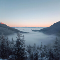 Peach-Lit Peaks and Smooth Fog