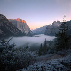 Frost-Covered Evergreens in Dawn Valley