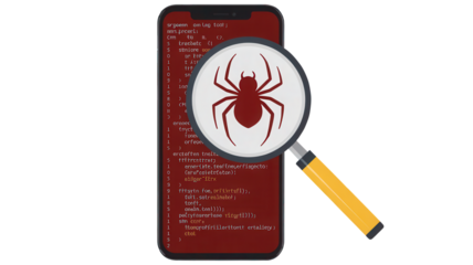 Spyware threat detected on smartphone screen under magnifying glass highlighting digital security vulnerability and cyber attack risks for modern devices