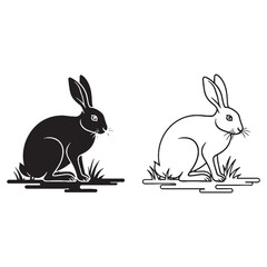Flat Hare Silhouette & Hare Lineart – Hare Vector Design Featuring Simplified Wildlife Form – Hare Illustration – Silhouette and Lineart Set of Hare