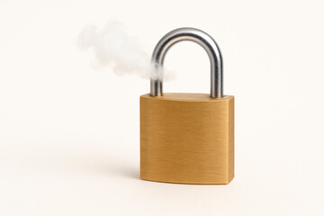 Fototapeta premium A lock with a shackle from which smoke comes out. Space for text.