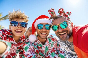 Joyful multigenerational family celebrating christmas on a tropical beach getaway