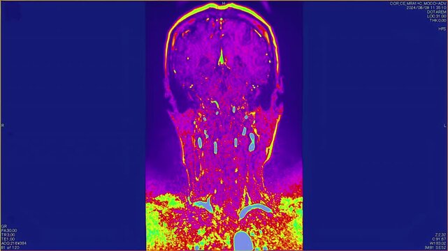 Magnetic resonance images of the brain and neck, MRI of the brain, of a patient with multiple vascular infarctions, front view, color animation Seamless Loop. High quality 4k footage
