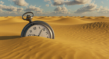 A pocket watch, partially buried in sand dunes, under a cloudy sky, symbolizing the passage of time.