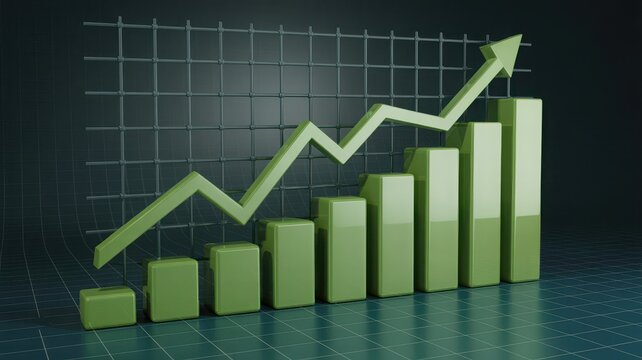 Green bar chart and line graph showing upward trend and financial growth on a dark background
