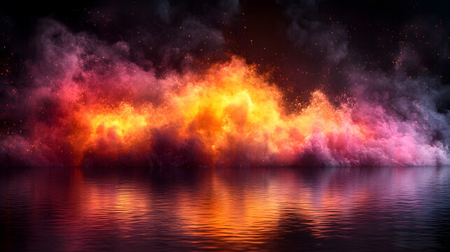 Colorful smoke flames reflecting on wet floor,Colorful smoke, studio backdrop, reflection, dark