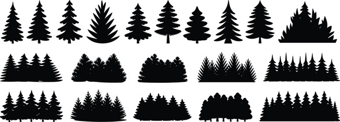 Flat vector illustration of pine tree silhouettes and forest shapes, evergreen trees, nature landscape, woodland design elements, outdoor scenery, tree line, environmental icons, nature vector art.