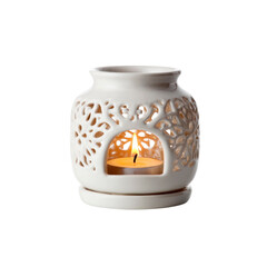 Elegant White Ceramic Oil Burner with Candle and Intricate Floral Design