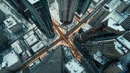 Aerial view of snowy modern city intersection with tall skyscrapers, glowing car lights and frosty rooftops at dusk. Concept of urban winter and architectural geometry - Powered by Adobe
