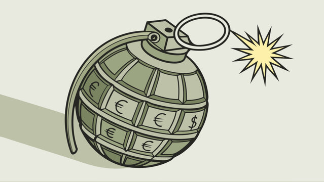A hand grenade illustration featuring currency symbols representing financial instability or crisis.