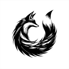 Stylized black fox silhouette with swirling tail