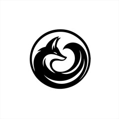 Stylized black fox curled within a circle logo design