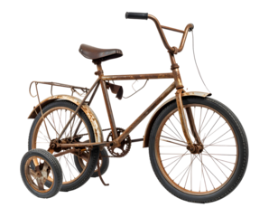 Rusty Children's Bicycle with Training Wheels on Transparent Background