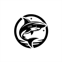 Black and white shark logo inside a circle with stars