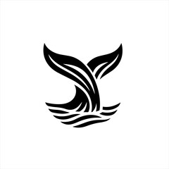 Stylized black whale tail fin emerging from stylized waves