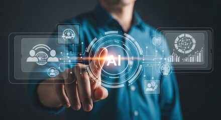 Human Hand Activating Glowing AI Interface for Digital Transformation and Business Innovation