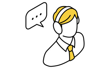 オンライン学習、ヘッドホンをした男性講師のシンプルなアイソメトリック線画アイコン