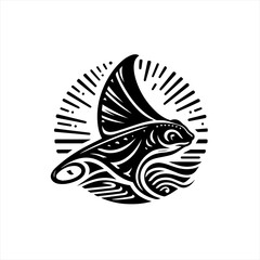 Stylized black and white flying fish emblem with sunburst background