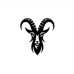 Stylized black goat head with curved horns on white background