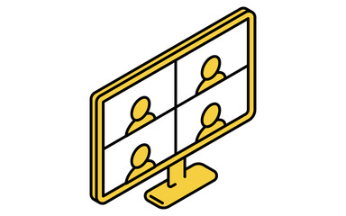 オンライン学習、オンライン授業を受ける生徒たちのシンプルなアイソメトリック線画アイコン