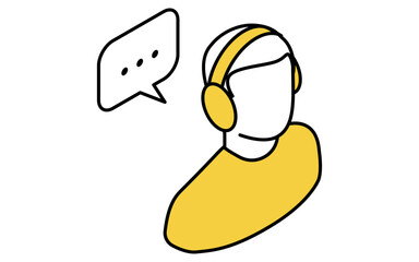 オンライン学習、ヘッドホンをして授業を受ける男性のシンプルなアイソメトリック線画アイコン