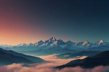 Obraz premium Majestic Snow Capped Mountain Range Under Twilight Sky with Misty Foreground