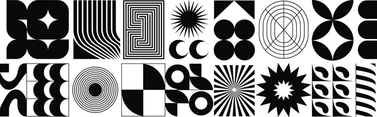 Black and white geometric abstract shapes, modern vector design with minimal patterns, retro optical art style, bold decorative illustration