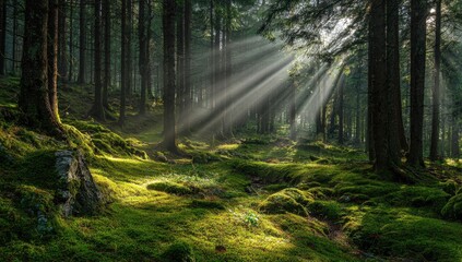Fototapeta premium Sunlight streams through a mossy forest