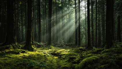 Obraz premium Sunlight streams through a dark forest (1)