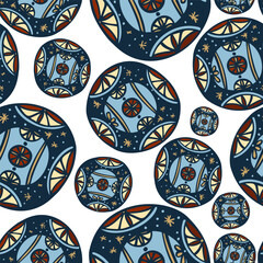 Seamless vector pattern featuring ornamental circles and spheres.