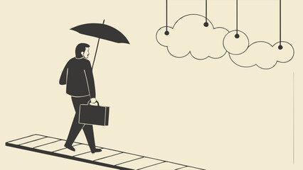 Businessperson Walking with Umbrella and Briefcase Abstract Minimalist Illustration.