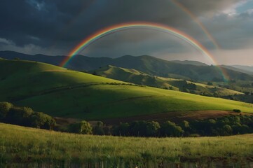 Fototapeta premium Double Rainbow Over Green Hills Scenic Landscape During Stormy Weather