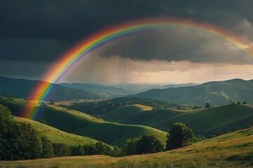 Fototapeta premium Vivid Rainbow Over Green Hills and Mountain Landscape Under Dark Cloudy Sky