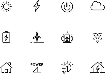 Energy icons, electricity symbols, solar power, wind turbine, battery charge, eco energy, renewable resources, green power, sustainable electricity, technology design