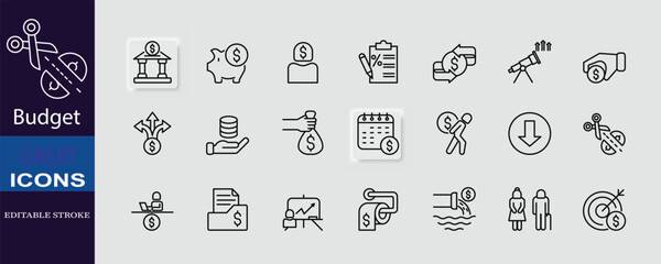 Budget and finance icon set in editable stroke style, featuring savings, expenses, planning, income, and investment for business and personal finance.
