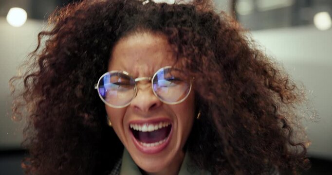 Business woman, frustrated and shouting in office for work dismissal, malpractice and rage. Fired, angry financial analyst and screaming at firm with disappointment, employee negligence and breakdown