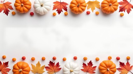 Halloween Pumpkin and Fall Leaf Border on White Background with Copy Space autumn white pumpkin